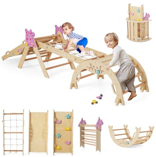 DREAMADE 9 en 1 Triangle Arche d'escalade Montessori en Bois Hêtre, Jeux d'escalade Pliable pour Enfants, Parcours Motricité Bébé, Charge Max. 50kg (Naturel)