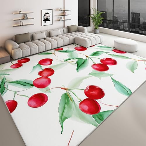 Generico Ciliegie Ad Acquerello Tappeto Salotto Bianco Flanella Stampa Camera Da Letto Tappeti, Cucina Antiscivolo Lavabile - Per Tavolino Da Salotto Bagno Tappeto Cameretta 180 x 240 cm