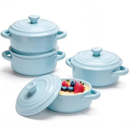 APACALI Set of 4 Mini Casserole Dishes with Lids, 450ml Ceramic Ramekins with Handles, Small Casserole Dish with Lid for Soufflé, Quiche, Creme Brulee, Tarts, Blue