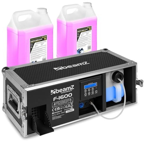 BeamZ F1600 Pro Fazer Nebelmaschine 1600W im Flightcase mit 10 Liter Nebelfluid – Profi Hazer/Rauchmaschine mit DMX & Display – Fog Machine für Party, Hochzeit, Bühne & Halloween – 350m³/min