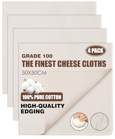 Huglux Passiertuch 4 Stück,Käsetuch 50x50cm, Baumwolle Cheesecloth Waschbar | Ungebleichte Feinmaschiges Käsetuch Mulltuch,Dichtegrad 100,Wiederverwendbar für Tofu,Saft Käse Nussmilch