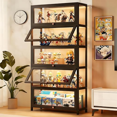Scribora Bamboo Curio Display Cabinet, 5 Tier Storage Showcase with Acrylic Glass Door, Display Shelf & Collectibles Organizer for Bedroom, Home Office, Kitchen & Pantry (Black-Flip Door)