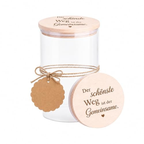 Geschenk Hochzeit Paar, Romantisches Vorratsglas mit Holzdeckel 850 ml, Hochzeitsgeschenk Gravur, Dekoglas mit Deckel als Geldgeschenk Hochzeit, Jahrestag, Geschenke zur Verlobung, Hochzeit Geschenk