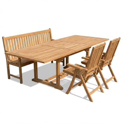 SAM 4tlg. Gartengruppe Kuba, Gartenmöbel aus Teak-Holz, 1 x Ausziehtisch Kuba + 2 x Hochlehner Aruba + 1 x Gartenbank Caracas