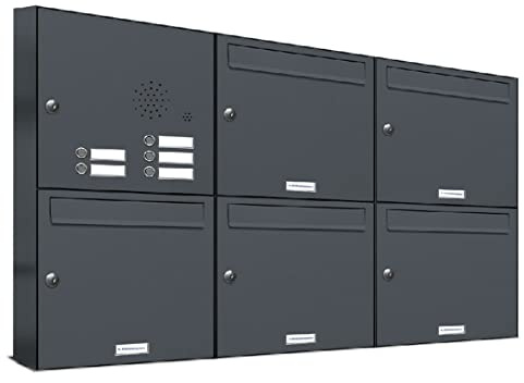 AL Briefkastensysteme 5er Briefkastenanlage mit Klingel Anthrazit Grau RAL 7016, Premium Briefkasten DIN A4, 5 Fach Postkasten modern Aufputz