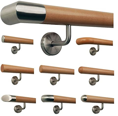 TIBU Pasamanos de haya, mango de madera para escalera, soporte de acero inoxidable, longitud 30 – 500 cm de una pieza/variante: 50 cm con 2 soportes de esquina de acero inoxidable