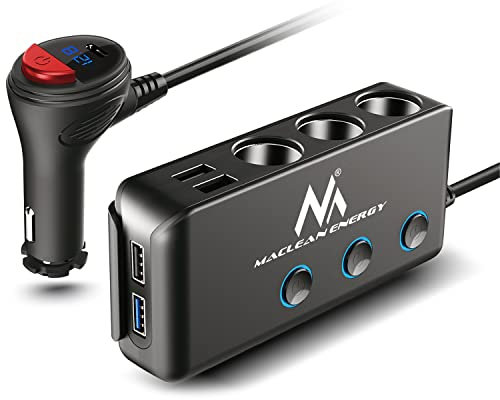 Maclean Kfz-Verteiler 3-Fach Zigarettenanzünder Adapter | 4X USB (1x QC3.0 3X 6.8A) USB-C PD 18W | LED Voltmeter | 120W Ladegerät 12/24V für Auto LKW Wohnmobil Boot