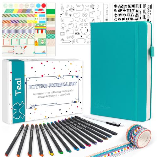 feela Bullet Journal Buch, Notizbuch A5 dotted Set mit 224 Seite Notizbuch gepunktet hardcover, Fineliner, Schablonen, Sticker, Washi-Tape, Gelstift, blaugrünes Din A5 Notizbuch PU Leder für Tagebuch