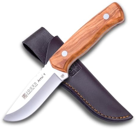 joker Coltello Bushcraft Arrui, con lama 9 cm in acciaio inox 420, custodia in pelle, peso 145 grammi, manico in legno d'ulivo, CO64 per la pesca, la caccia, l'escursionismo, il campeggio