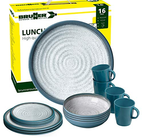 BRUNNER: Melamin-Geschirr Campinggeschirr (Antislip), 4 Personen (16 Teilig), TUSCANY LUNCH BOX, Grill Und Picknick