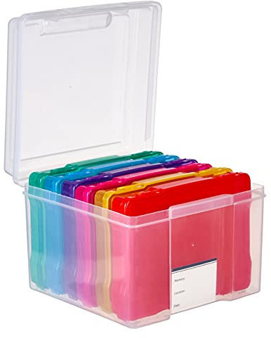 MATANA - 5x7 Clear Photo Storage Box & Crafts Organisers, Including 6 Cases & Labels - For 600 Family Photos, Memories, Stationary, Arts, Toys, Garden Seeds