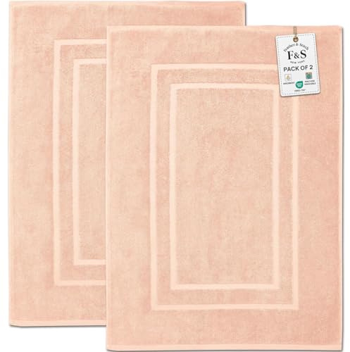 Feather & Stitch 2 Piece Towel Like Bath Mats (30x21 Inch) 100% Cotton Terry Bath Mats, Bathroom Shower Floor Mats [NOT A Bathroom Rug], Soft Absorbent Washable Mats - Pale Peach