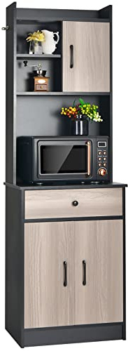 COSTWAY Mueble Cocina con 3 Puertas y Despensa, Almacén Cocina con Cajón, Hoyo para Cables, Repisas Regulables, Amplio Espacio Abierto para Microondas (Negro, ‎40 x 60 x 180 cm)