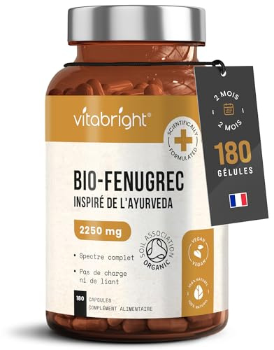 Fieno Greco Bio 2250 mg | 180 Capsule | Semi di Fieno Greco in Polvere | 2 Mesi di Fornitura | Integratore Alimentare | Capsule Vegane | VitaBright Fenugreek
