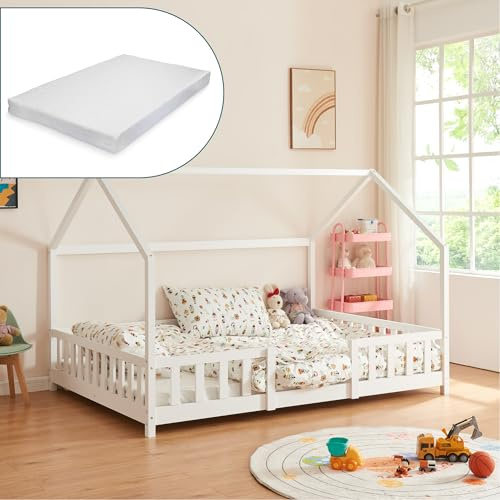 [en.casa] Kinderbett Sisimiut mit Matratze 120 x 200 cm Hausbett Montessori mit Rausfallschutz Holzbett für Kinder Bodenbett Lattenrost Kiefernholz Weiß