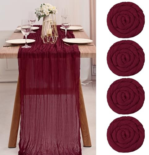 Teruntrue Lot de 4 chemins de Table en étamine Bourgogne, Nappe en Gaze Semi-Transparente 13 Pieds décorations rustiques pour Fournitures de fête de Mariage de Cuisine (Bourgogne, 400cm)