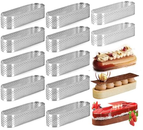 Tiamu 12 Perforado Anillos Tartas Molde Bizcocho, Ovalados Anillos para tartas de postre francés, mousse de frutas y tartas, anillo de quiche para tartas, de acero inoxidable