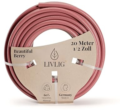 LIVLIG Gartenschlauch 20m, Gartenschlauch 1/2 Zoll Made in Germany, Wasserschlauch 20m aus recyceltem PVC, formstabil, Farbe: Beere