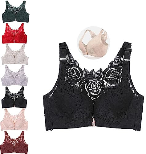 Floral Bra, Floral Comfort Rose Bra Front Closure Lace Comfy No Wire Bras, Comfortable Push up Bra (Black,42/95D)