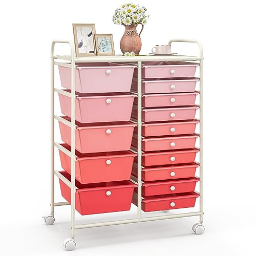 COSTWAY Carrello con 15 Cassetti Impilabili, Carrello di Stoccaggio con Ruote, Carello Portaoggetti per Casa e Ufficio, 63 x 37 x 87 cm (Rosa)