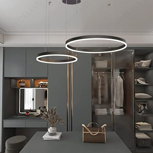 YYUTLUO Moderner DIY-Kreis-LED-Kronleuchter | 2 Schwarz Goldringe:40+60cm=40W | LED-Pendelleuchte aus Metall+Acryl | 2,4 G Dimmbare Fernbedienung | Runde Decken-Hängelampe Wohnzimmer Schlafzimmer