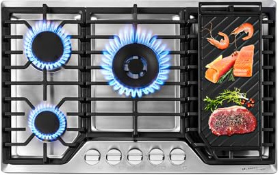 AMZCHEF 30 inch Gas Cooktop with 5 Made in Italy SABAF Power Burners,Max 48300 BTU/hr Built-in Gas Stove top of 304 Stainless steel with Double Sided griddle,NG/LPG Convertible,ETL.