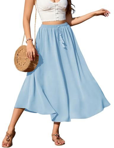 Zeagoo Jupe Longue Femme Taille Haute Jupe Maxi A-Ligne Jupe en Tulle avec Cordon Jupe Casual Midi Jupe de Temps Libre Jupe Bleu Marine XXL