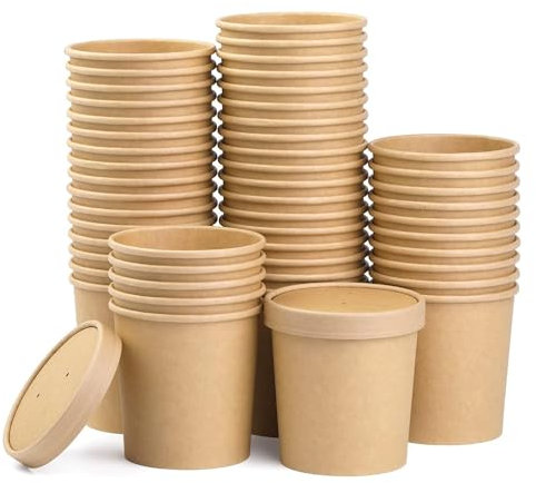 CaterCo Disposable Soup Containers with Lids - Kraft Takeaway Paper Soup Cups, 16oz 470ml, Microwave & Freezer Safe Container, Eco-Friendly, Storage for Ice Cream and Soup Bowl 25 Pack