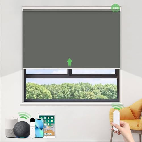 HOMEDEMO Elektrische Rollos Wiederaufladbare Verdunklungsrollo mit Motor & Fernbedienung, Dunkelgrau 90x100cm(BxH), Rollo Innen ohne Bohren klemmfix/mit Bohren, Smart Rollo mit Alexa kompatibel