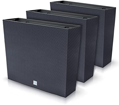 Juego de 3 macetas rectangulares para flores y plantas en T, de plástico, 58 x 18 x 49,8 cm, para interior y exterior, color negro, volumen 44 litros, diseño moderno