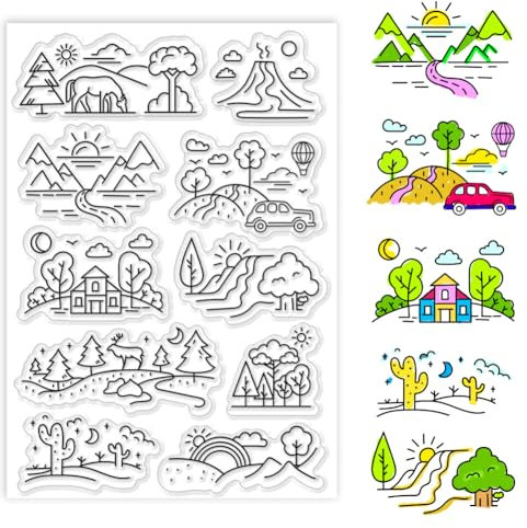 PH PandaHall Line Drawing Clear Stamp, Ländlicher Baum Bergdorf Silikonstempel Wald Clear Stamps Gummistempel für Paper Crafting Fotoalben, Urlaubskarten, Scrapbooking