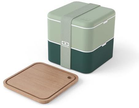 monbento - to Go Lunch Set Green Bicolor - Large Bento Lunch Box Adult MB Square + Wooden Cutting Board MB Cut Square Compatible with The Bento Box - Perfect for Picnics/Work - Green & Wood