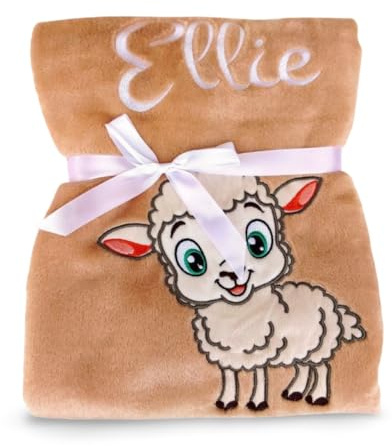 Wuff-Dogsworld Personalisierte Babydecke mit Namen und Geburtsdatum Bestickt, weiche Kuscheldecke mit Stickerei, viele Motive & Farben, Geschenk zur Geburt für Mädchen & Jungen (Sand Lamm)