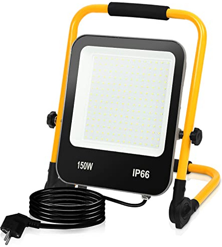 Daromigo 4 Stück LED Baustrahler 150W,Faltbare Arbeitsleuchte,LED Strahler mit stecker,Wasserdichter Baustrahler-3M Kabel 13000LM Bauscheinwerfer 6000K Kaltweiß Baustrahler Grau-gelb