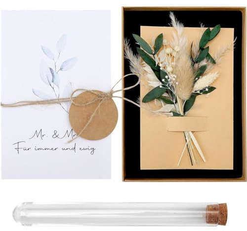 MOPQMKT Hochzeit Geldgeschenk Set Hochzeit Geschenk Box Set, Gold Geschenk, getrocknete Blume Grußkarte, Kunststoff Reagenzglas Geschenk Box, Braut und Bräutigam Geschenk