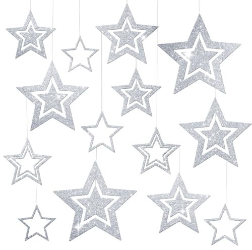BETESSIN 14Pcs Guirlandes Étoiles Argent Pailleté en Papier à Suspendre Décoration Plafond pour Anniversaire Mariage Noël Nouvel an