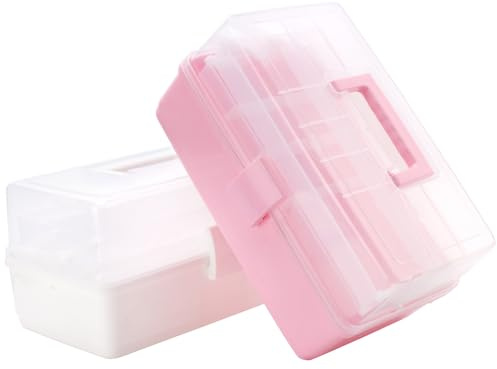 FUNSUEI 2 Stück 3-Regal Mehrzweck-Aufbewahrungsbox, Weiß und Rosa, 33 x 18 x 17 cm, Sortierbox 3 Etagen mit Griff, Kunststoff Bastelbox Toolbox Nähkasten Organizer Box