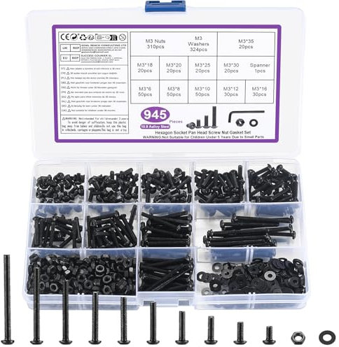 945 Pcs M3 Bolts and Nuts Set, M3 Nuts and Bolts Set, Round Head Hexagon Socket Screws and Washers, Silvery Hex Socket Button Head Cap Machine Screws Kit