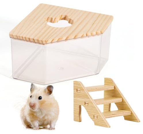 PLUSHCEWT Hamster Sand Bath Bathtubs,Transparent Hamster Bathroom with Ladder,Hamster Cage Accessories for Hamster Sand Bath Syrian,Hamster Bathtub for Syrian Hamster Guinea Pig Rat Mice (Pentagon)