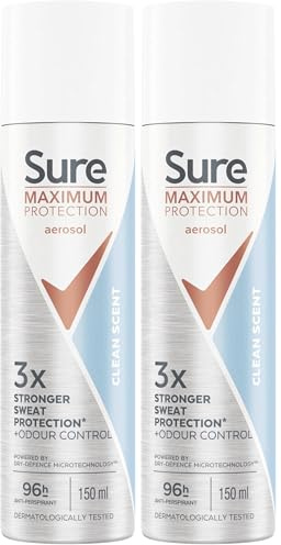 Sure Maximum Protection Clean Scent Anti-perspirant Deodorant Aerosol 96h protection anti-perspirant deodorant spray for 3x stronger* sweat protection 150 ml (Pack of 2)
