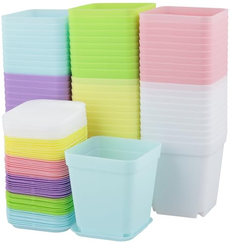 Sinjeun 60 stycken odlingskrukor färgglada 7 x 8 cm, små krukor fyrkantiga med underlägg, färgglada fyrkantiga blomkrukor plast blomkruka för kontor, balkong