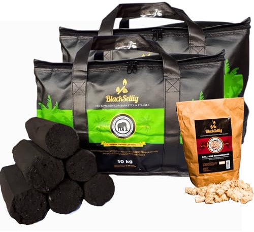 BlackSellig Beach - Bricchette XXL in puro cocco per barbecue, ecologico, a basso contenuto di fumo, durata extra lunga, asta XXL (asta XXL da 20 kg + 50 accendifuoco)