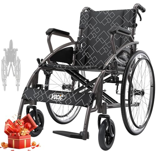 VOCIC Folding Lightweight Wheelchair, Double Brakes,Max 150KG/ 23ST, Self Propelled Transport Wheelchairs for Disabled, Stable and Robust, 60cm Rear Tire for All Terrains, 5 Year Support