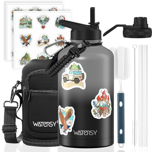 WATERSY 64oz Insulated Water Bottle (Cold for 48 Hrs),BPA Free&Leak Proof,Half Gallon Stainless Steel Water Flask,Water Jug with Straw Spout Lids for Gym,Hiking,Camping,Grey Black
