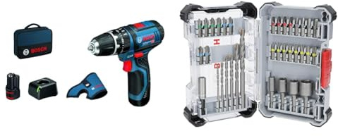 Bosch Professional 12V System Akku Schlagbohrschrauber GSB 12V-15 + 35x Extra Hard Schrauberbit‑ und CYL-3 Bohrer-Set, 35‑tlg. (197 x 110,5 mm, Professional Zubehör)