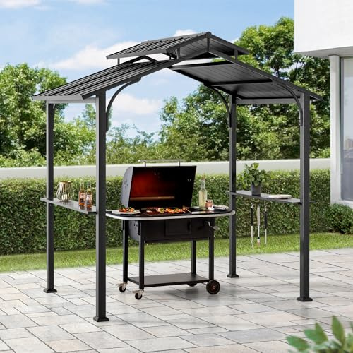 SUNJOY Tonnelle de Barbecue Hardtop 2.4x1.5 m, avec 2 Tablettes style bar & 10 Crochets, Toit Double Épaisseur, Structure Acier, Résistance Neige et Vent, Abri Métallique Extérieur pour Terrasse et Ja