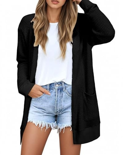 GLEENOD Cardigan da donna a maniche lunghe casual lungo elegante cardigan a maglia aperto davanti maglione a maglia con tasche, Nero , M