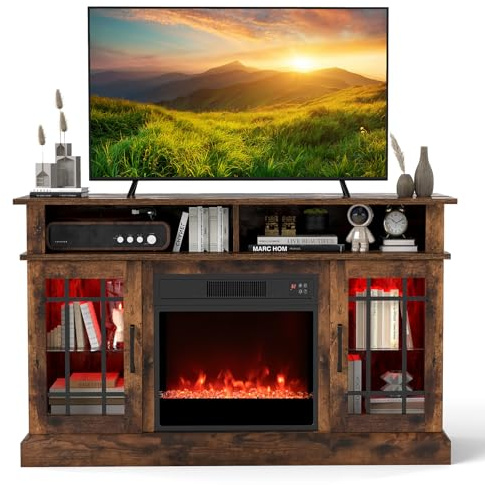 COSTWAY Electric Fireplace Insert TV Stand, Entertainment Center Console Table for 50 TVs with RGB LED Lights, Adjustable Flame, Overheat Protection Fireplace Heater & Remote Controls (Rustic Brown)