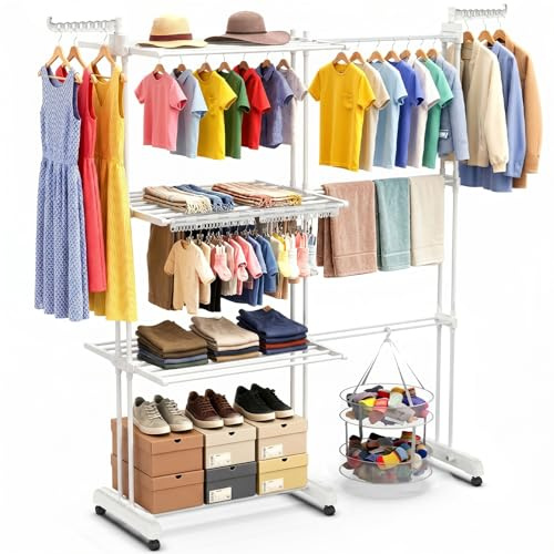 Ferghana 3-stufiger Wäscheständer Turm, ausziehbar (66-130 cm), 40 kg Tragfähigkeit, klappbarer Wäscheständer mit faltbarem Design, platzsparend für Zuhause (Weiß)