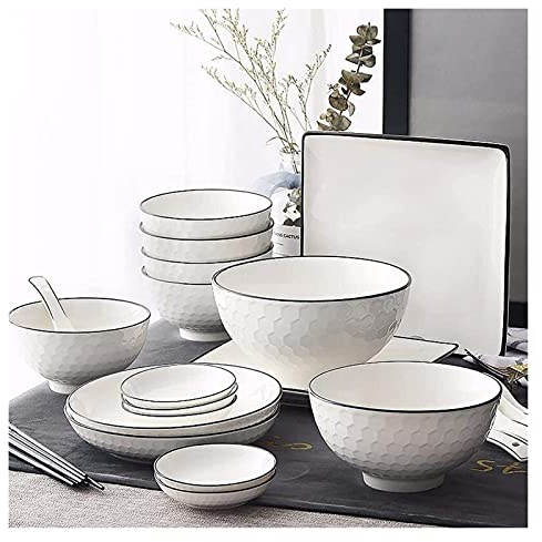 GIQKDZNUO Juego de Platos de Comedor de 56 Piezas, vajilla de Porcelana, Juego Combinado Nordic Black Line, Juegos de Platos de cerámica con Cuencos, Platos, cucharas y Servicio para 10